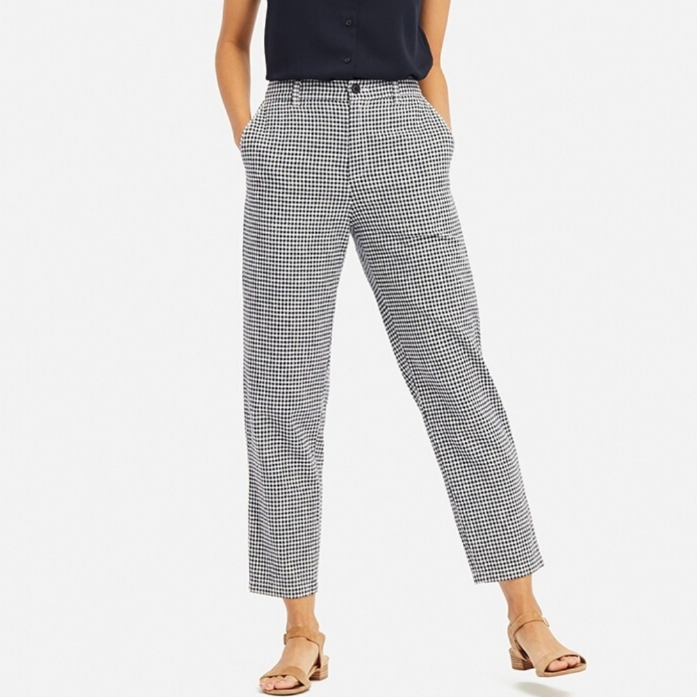 Uniqlo Navy White Linen Blend Gingham Check Tapered Pants Size Small (26-27)